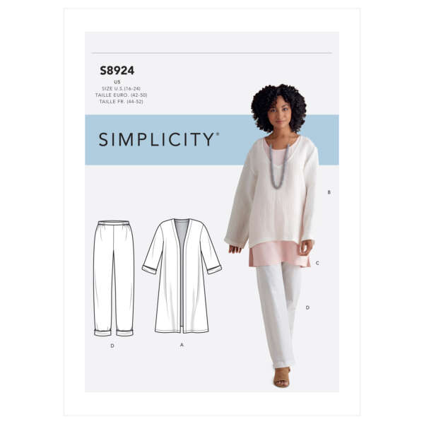 Sewing pattern cover featuring a model wearing a white tunic and pants set. The pattern includes designs for a tunic, cardigan, and pants. Instructions in English and French for sizes US 16-24, Euro 42-50, and FR 44-52. Brand: Simplicity, pattern number S8924.