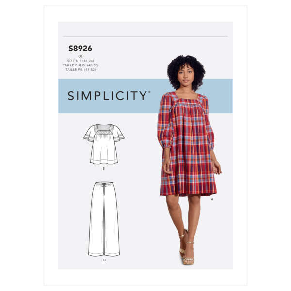 A sewing pattern for Simplicity S8926 is displayed. It includes designs for a checkered dress with three-quarter sleeves, a short-sleeved top, and wide-leg pants. The model wears the checkered dress and stands against a white background.