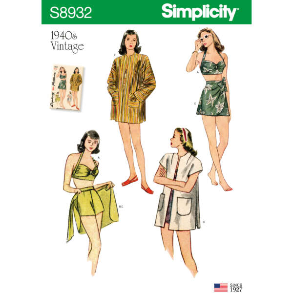 A vintage 1940s sewing pattern by Simplicity, pattern number S8932, featuring four women's outfits: a long robe, a two-piece swimsuit with a knotted top and wrap skirt, a short-sleeve zip-front cover-up, and a similar style in a floral print.