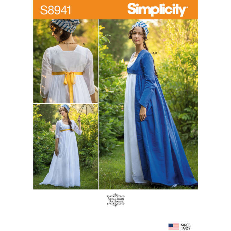 Pattern cover for Simplicity S8941, featuring a woman dressed in a historical-style outfit. The outfit includes a long white dress with a yellow sash and a blue overcoat. There are three images: the front, back, and a full-length view of the ensemble.