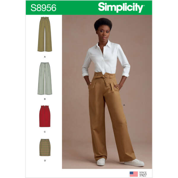 Simplicity sewing pattern S8956 features options for high-waisted pants and skirts. Image displays a woman wearing tan wide-legged pants with a white button-up shirt. Additional inset images show variations in green, striped, red, and plaid fabrics.