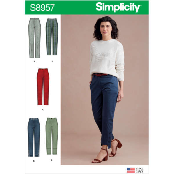 A sewing pattern cover for Simplicity S8957 showing a model wearing blue ankle-length pants and a white sweater. To the left are five pant style options labeled A to E in different fabrics and colors, showcasing a variety of slim-fit designs.