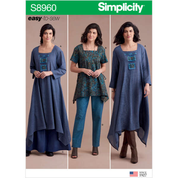 A sewing pattern cover labeled "Simplicity S8960 easy-to-sew" featuring a woman modeling three different outfits: a long, loose-fitting dress; a short-sleeved tunic with pants; and a long, high-low dress. The tagline "SINCE 1927" and a USA flag are also visible.