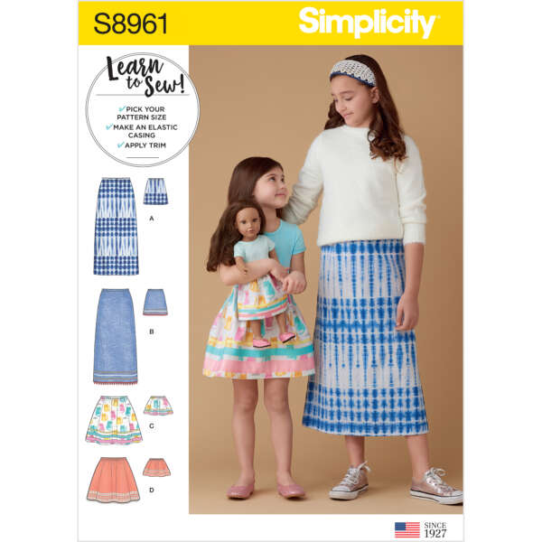 Simplicity S8961 Learn to Sew pattern cover. Two girls stand together; one wears a white top and blue tie-dyed skirt, the other has a colorful skirt and holds a matching doll. Illustrated skirts (styles A-D) shown on the left. Text and branding on top.