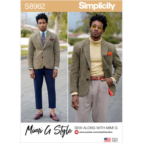 A Simplicity sewing pattern cover (S8962) featuring two men wearing stylish blazers and trousers. On the left, the man wears a tan blazer, blue trousers, and brown loafers. On the right, the man wears a similar blazer with plaid pants and brown shoes.