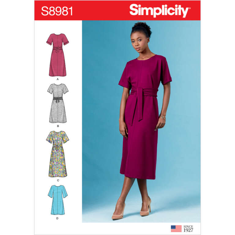 Simplicity pattern S8981 showcases a woman wearing a knee-length, magenta dress with short sleeves and a belt. The pattern includes four variations of dresses, labeled A to D, with different sleeve lengths and fabric designs, displayed on the left side.