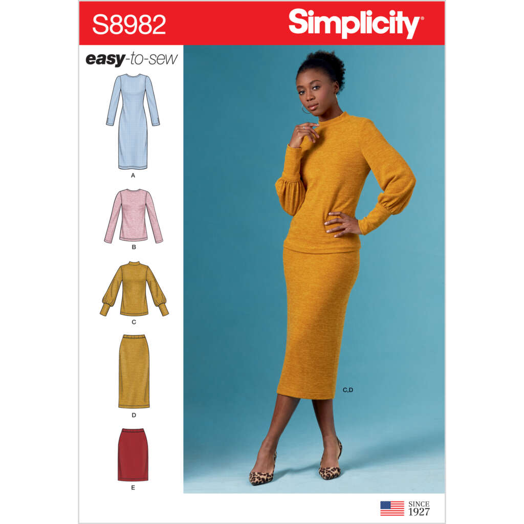 Simplicity sewing pattern S8982 image: A woman models a mustard yellow knit top with balloon sleeves and a matching pencil skirt. The pattern includes designs for a dress, tops with different sleeve styles, and skirts. "Easy-to-sew" is highlighted at the top.