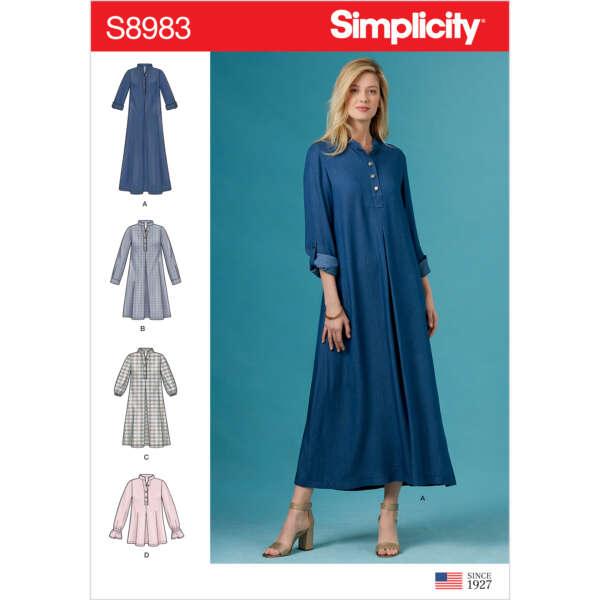 A Simplicity sewing pattern cover showing pattern number S8983. The main image features a woman wearing a long blue dress. To the left, there's a line-up of different variations of the dress, labeled A, B, C, and D. The Simplicity logo is at the top.