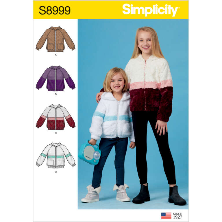 Two young girls wearing fluffy, color-block jackets. One jacket is white and maroon; the other is white with blue and purple stripes. The Simplicity pattern S8999 features different jacket styles, displayed on the left side of the image.