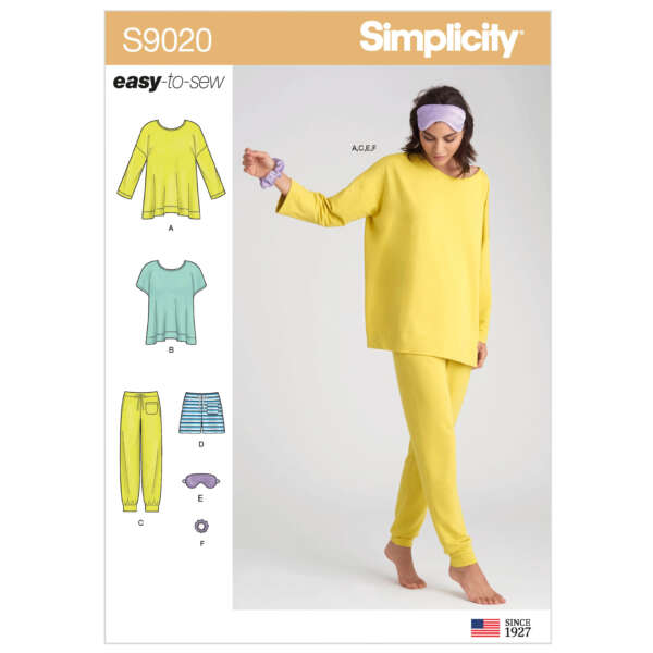 A sewing pattern packet, labeled "Simplicity S9020 easy-to-sew," for women's loungewear. The design includes a long-sleeve top, short-sleeve top, pants, shorts, headband, and eye mask. The model wears a yellow long-sleeve top and matching pants.