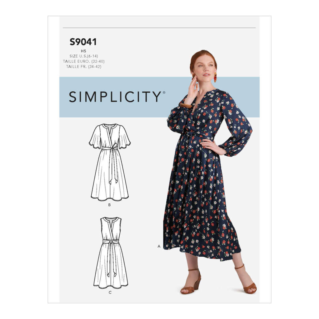 Sewing pattern cover for Simplicity S9041 featuring a woman in a long, dark floral dress with long sleeves. The cover includes line drawings of variations of the dress, detailing different sleeve lengths and styles. Sizes range from US 6-14, EUR 32-40, and FR 34-42.