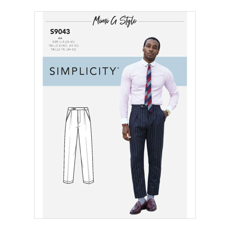 A sewing pattern package from Simplicity, S9043, features a model wearing a stylish outfit: a light pink dress shirt, a multicolored striped tie, and navy blue pinstriped trousers. The pattern includes detailed illustrations and is part of Mimi G Style collection.