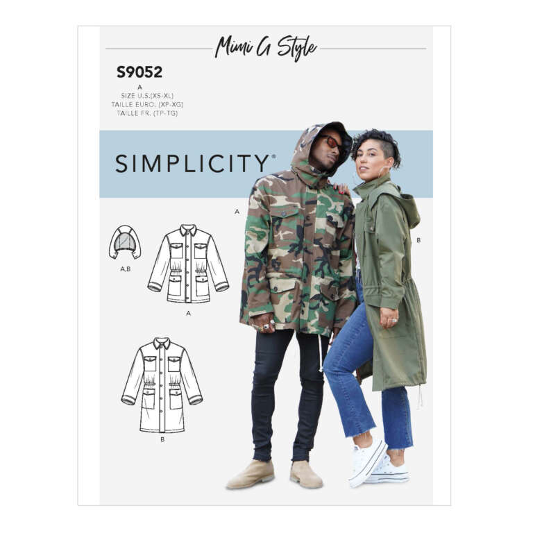 Sewing pattern cover for Simplicity S9052 by Mimi G Style. It features a man and a woman modeling long jackets with hoods, the man in camouflage and the woman in green. The cover also includes technical sketches of the jackets and available sizes (XS-XL).