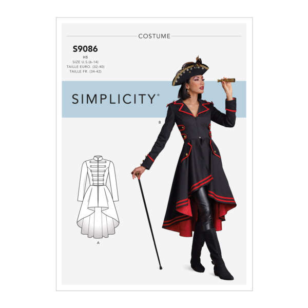 Simplicity sewing pattern S9086 for a women's costume, featuring a pirate-style coat with red trim, hat, and cane. Includes technical line drawings and size chart (US: 6-14, EU: 32-40, FR: 34-42). Model is posed holding a telescope.