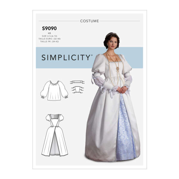 Sewing pattern package for Simplicity costume S9090. It features a historical dress with puffed sleeves and a full skirt with an underlayer. The package shows line drawings of the dress and pattern pieces, and an image of a model wearing the completed dress.