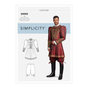 A Simplicity costume pattern envelope featuring pattern S9095. The pattern includes a historical men's outfit with a long, red coat adorned with gold detailing, and matching breeches. There are illustrations showing front views of the coat and breeches.