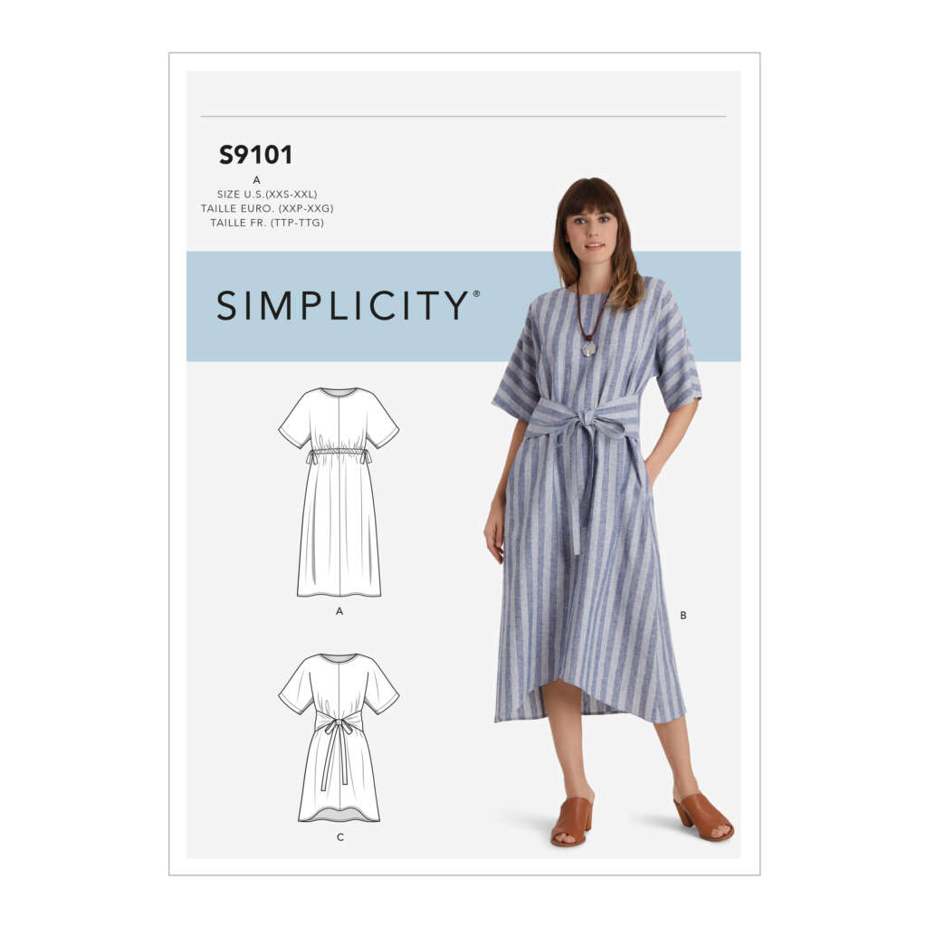 A Simplicity sewing pattern (S9101) featuring a model wearing a striped dress with a tie-front detail. The pattern includes line drawings of the dress from front and back views. Available in sizes XS to XXL. Model wears brown heels with a blue and white striped dress.