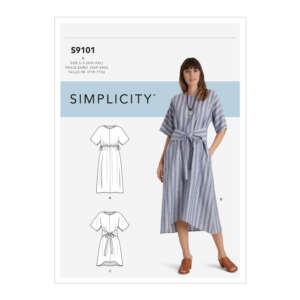 A Simplicity sewing pattern (S9101) featuring a model wearing a striped dress with a tie-front detail. The pattern includes line drawings of the dress from front and back views. Available in sizes XS to XXL. Model wears brown heels with a blue and white striped dress.