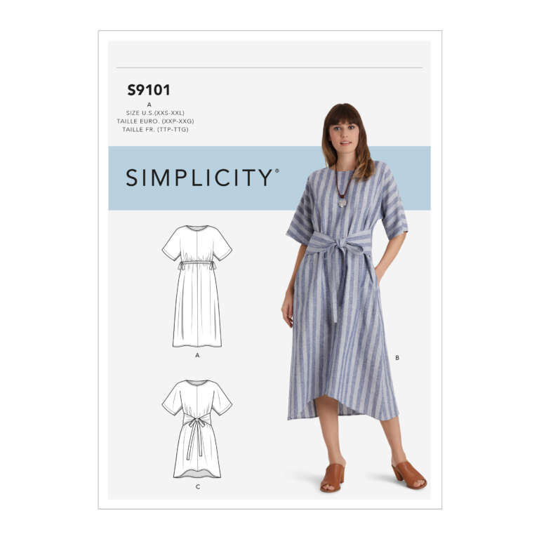 A Simplicity sewing pattern (S9101) featuring a model wearing a striped dress with a tie-front detail. The pattern includes line drawings of the dress from front and back views. Available in sizes XS to XXL. Model wears brown heels with a blue and white striped dress.