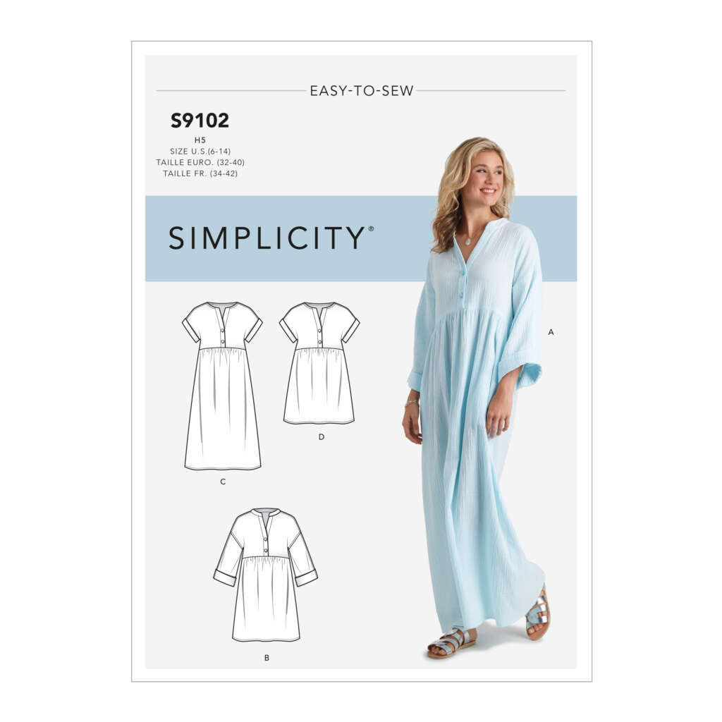 Simplicity sewing pattern S9102 features a woman wearing a flowy, long, light blue dress. The pattern includes designs for dresses with various sleeve and hem lengths, accommodating sizes 6-14 and 16-24. The text "Easy-To-Sew" suggests simplicity in its creation.