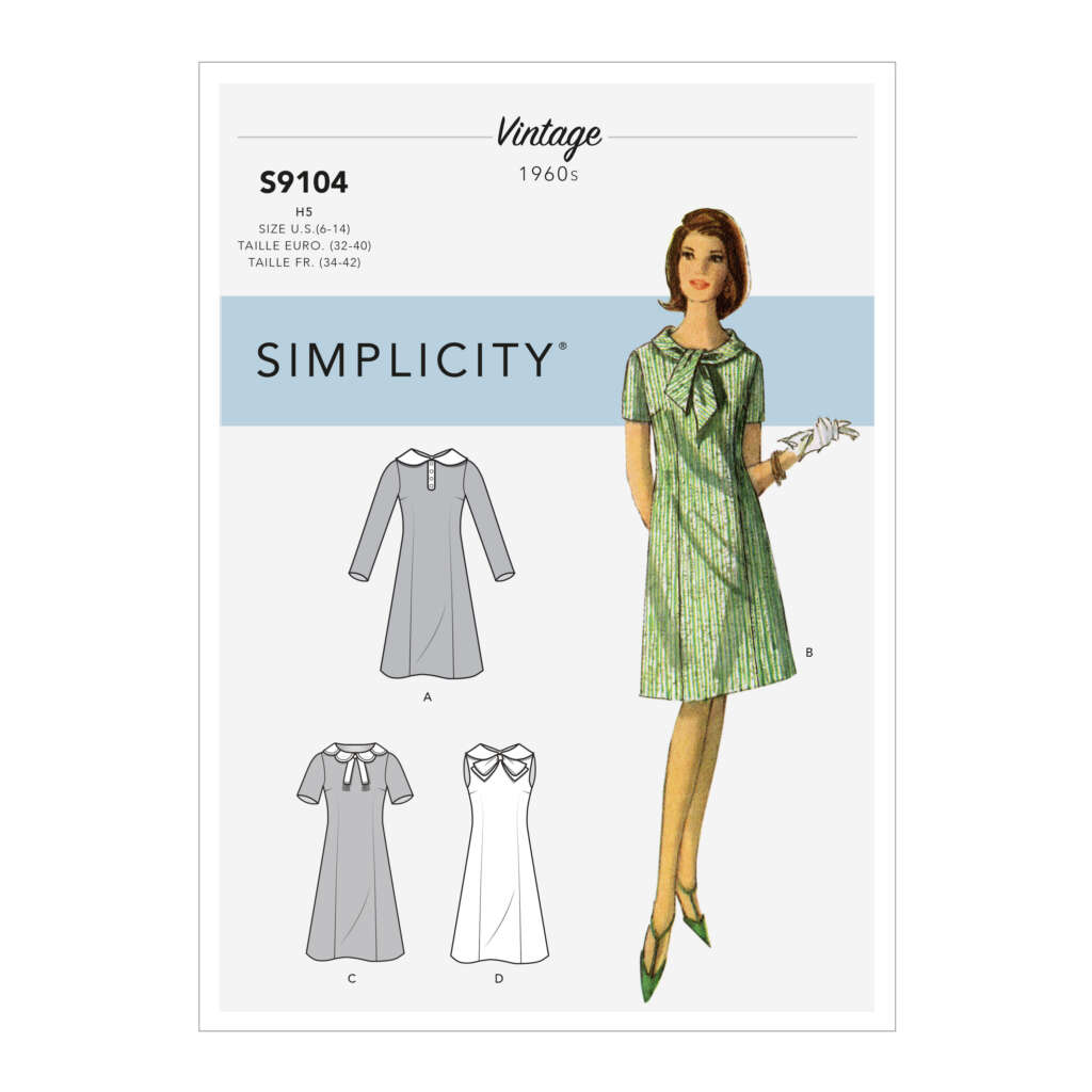 A sewing pattern cover for a vintage 1960s dress by Simplicity, pattern S9104. The design includes three dress variations with collar details. The illustrated model wears a green plaid dress, holding a flower. The sizes indicated are 6-14.