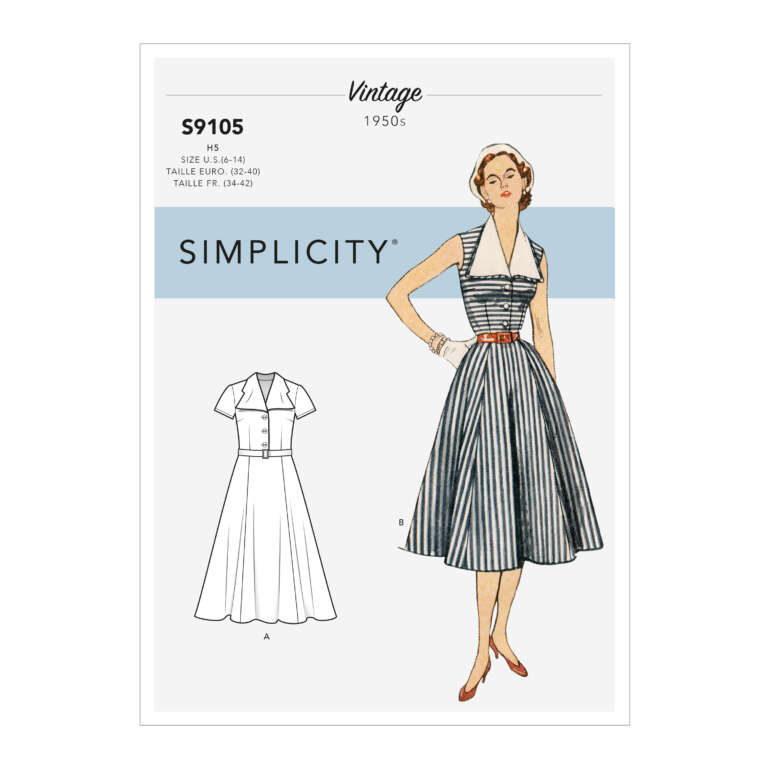 Simplicity vintage sewing pattern from the 1950s, design number S9105. The pattern features a sleeveless, collared dress with a belted waist and a flared skirt. The image shows both an illustrated model wearing the dress and a technical sketch of the design.