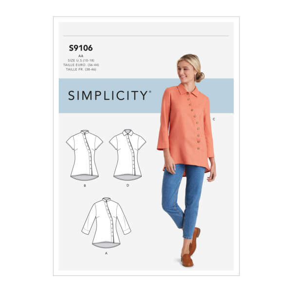 A sewing pattern cover from Simplicity (S9106) displays a model wearing a tunic with a mandarin collar and buttons down the front, paired with jeans. The cover shows three line drawings of different tunic variations. Sizes range from US 10-18, EU 38-46.