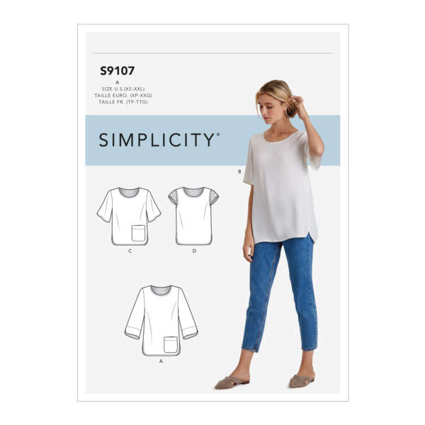 A sewing pattern cover titled "Simplicity S9107". It features a woman wearing a loose-fitting white top and blue jeans. There are illustrations of four different variations of the same top, labeled A, B, C, and D, including options with pockets and different sleeve styles.