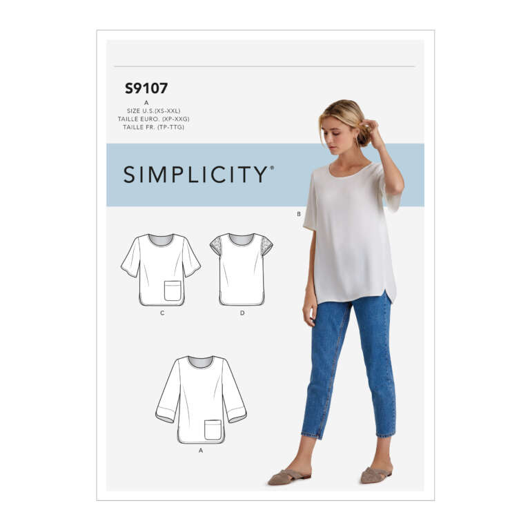 A sewing pattern cover titled "Simplicity S9107". It features a woman wearing a loose-fitting white top and blue jeans. There are illustrations of four different variations of the same top, labeled A, B, C, and D, including options with pockets and different sleeve styles.