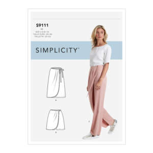 A sewing pattern package labeled "Simplicity S9111" shows a woman wearing light pink, wide-leg pants and a white top. The package also includes illustrations of different skirt and pants styles (A, B, C) available in the pattern for sizes 8-16 (42-46 in EU).