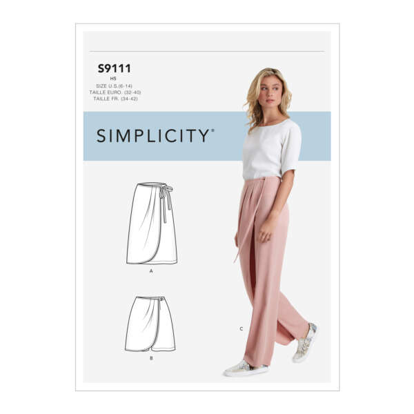 A sewing pattern package labeled "Simplicity S9111" shows a woman wearing light pink, wide-leg pants and a white top. The package also includes illustrations of different skirt and pants styles (A, B, C) available in the pattern for sizes 8-16 (42-46 in EU).