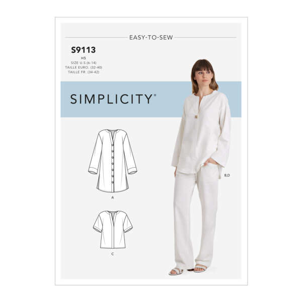 Sewing pattern packaging for Simplicity S9113. The package shows a woman in white, wearing a loose-fitting, long-sleeve tunic and matching pants. Drawings of the tunic in different styles are also displayed, labeled as A and C. Text indicates sizes (US 6-14).