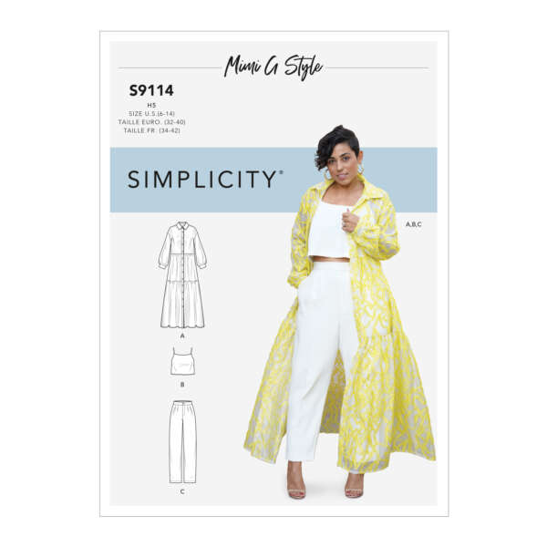 Pattern cover for Simplicity S9114 by Mimi G Style, featuring a model wearing a long yellow duster over white top and pants. Line drawings of a duster (A), a shorter jacket (B), and pants (C) are on the left side. Sizes range from US 4-14, Euro 30-40.