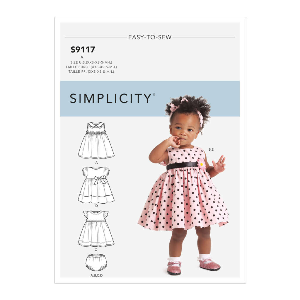 A sewing pattern package with a toddler wearing a pink and black polka-dot dress in the center. The package reads "Simplicity S9117 Easy-to-Sew" at the top. There are illustrations of four different dress styles on the left side, labeled as views A, B, C, and D.