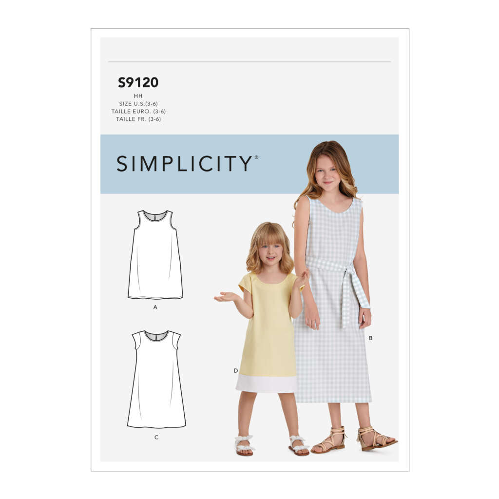 A sewing pattern package for Simplicity S9120 featuring a woman and a girl wearing sleeveless dresses. The girl wears a yellow dress, while the woman wears a blue and white plaid dress with a tie belt. Line drawings of three dress variations are shown.