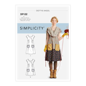 Simplicity sewing pattern S9122 by Dottie Angel. The cover shows a model dressed in a tunic-style dress with pockets and a scarf. Illustrated versions of the dress in various lengths and pocket designs are also shown. Available in sizes XS-XL.