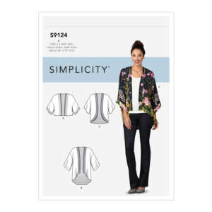 A Simplicity sewing pattern (S9124) for a women's kimono-style jacket, available in sizes XXS to XXL. The cover shows a model wearing the jacket with floral print and three drawn views (A, B, and C) of the pattern, displaying variations in back details and lengths.