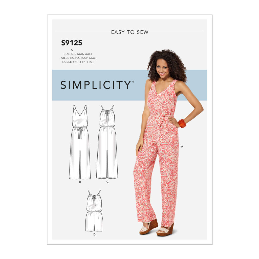 Pattern cover for Simplicity S9125, labeled "Easy-to-Sew." It shows a woman wearing a sleeveless, V-neck jumpsuit with a white and red pattern. The cover also features illustrations of various jumpsuit styles labeled A, B, C, and D. Sizes range from XXS-XXL.