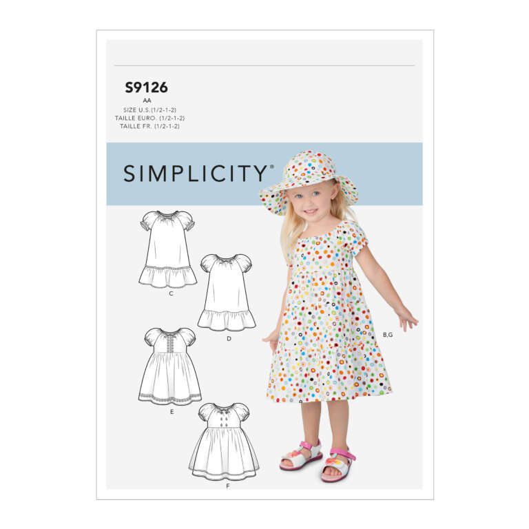 Simplicity pattern S9126 package features a young girl wearing a polka dot dress and matching hat. Illustrations show different dress styles with short sleeves and A-line silhouette. Sizing information includes US (1/2-1-2), Euro (18-21-22), and French (71-74-83).