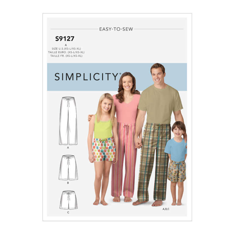 Image of a sewing pattern envelope labeled "Simplicity S9127 Easy-to-Sew." The cover features a family wearing matching pajama pants: a woman and girl in pink tops and a man and boy in beige tops. The bottom left shows illustrations of three pajama pants in different lengths.