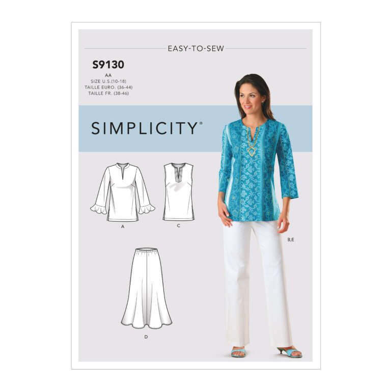 Pattern cover for Simplicity S9130 titled "Easy-to-Sew." It shows a model wearing a blue tunic with white pants. Below are line drawings of a blouse with sleeves (A, B, C) and an ankle-length skirt (D). Sizes available: US (10-18), EUR (36-44), FR (38-46).