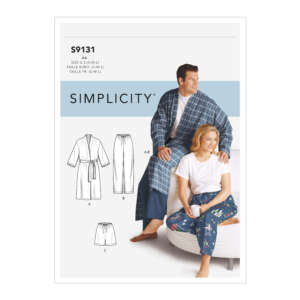 A sewing pattern packet labeled "Simplicity S9131" featuring clothing items including a robe, pajama pants, and shorts. The image includes a man in a checkered robe over pajamas standing beside a woman seated in a white top and printed pajama pants.