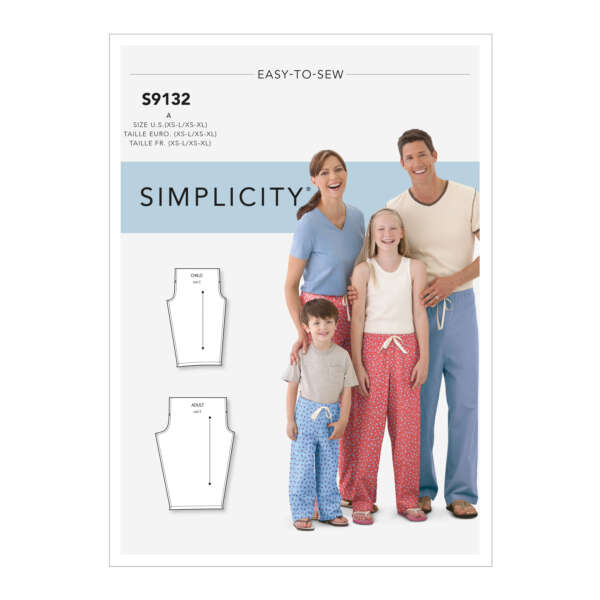 Simplicity pattern cover for easy-to-sew pajama pants, pattern number S9132. A smiling family of four, all wearing pajamas, stands together. The left shows technical drawings of the pants, with labeled size options from U.S. XS-XL for both child and adult sizes.