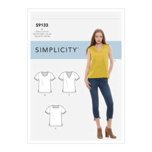 Simplicity sewing pattern S9133 envelope featuring a sleeveless V-neck top with one image of a model wearing the top in yellow. Below the model are technical sketches of the top in three variations (A, C, and E) with slight design differences.