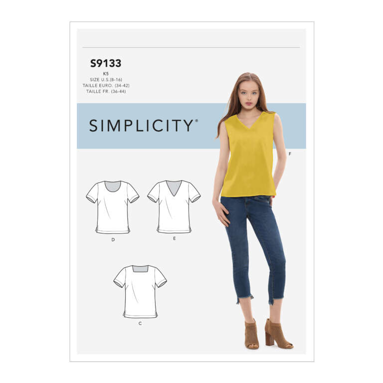 Simplicity sewing pattern S9133 envelope featuring a sleeveless V-neck top with one image of a model wearing the top in yellow. Below the model are technical sketches of the top in three variations (A, C, and E) with slight design differences.