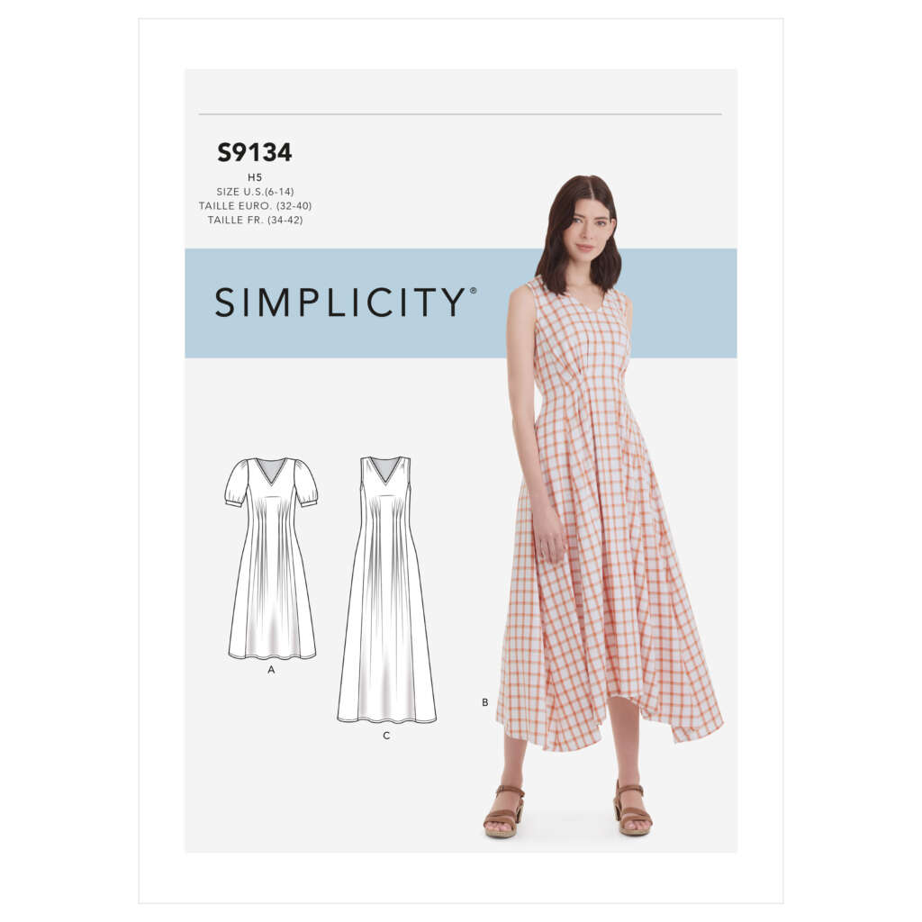 A Simplicity sewing pattern packet, S9134, shows a woman wearing a sleeveless dress with an asymmetrical hem in a red and white checkered fabric. The packet also includes sketches of two additional dress variations: a knee-length dress and a V-neck dress with short sleeves.