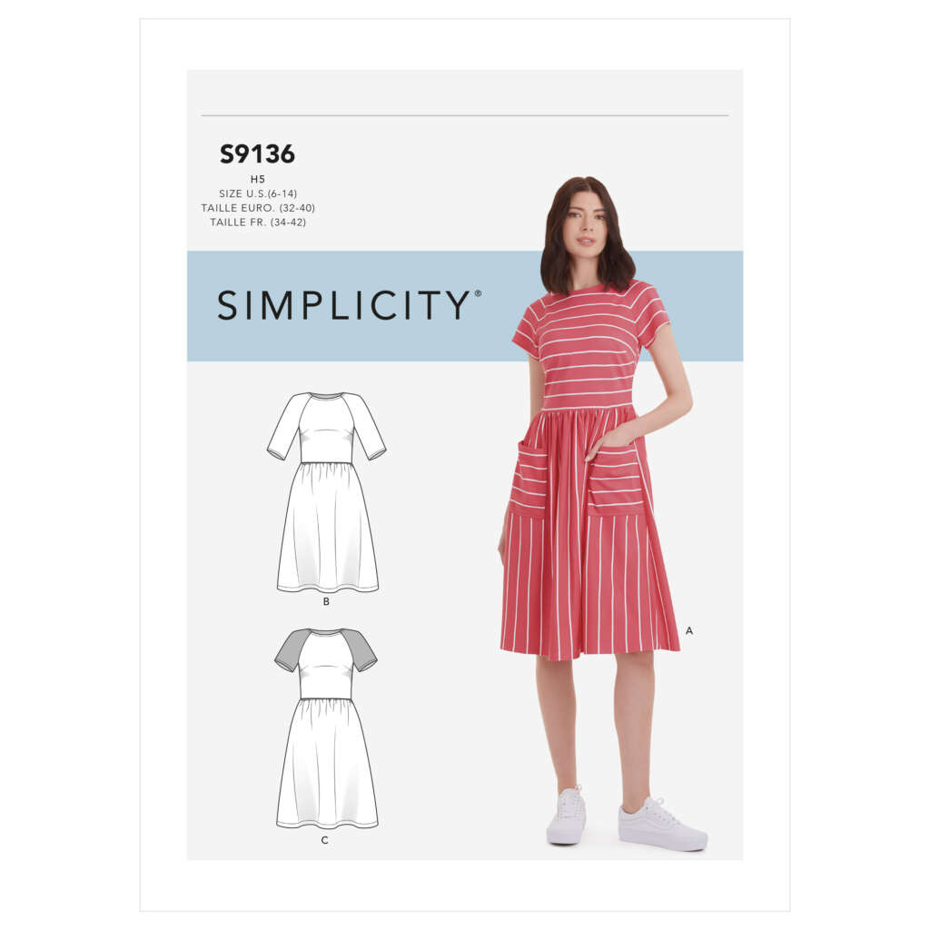 A pattern cover for Simplicity S9136 featuring a woman wearing a red, striped dress with short sleeves and two front pockets. The pattern includes three variations of the dress, labeled A, B, and C, each with different sleeve and pocket styles.