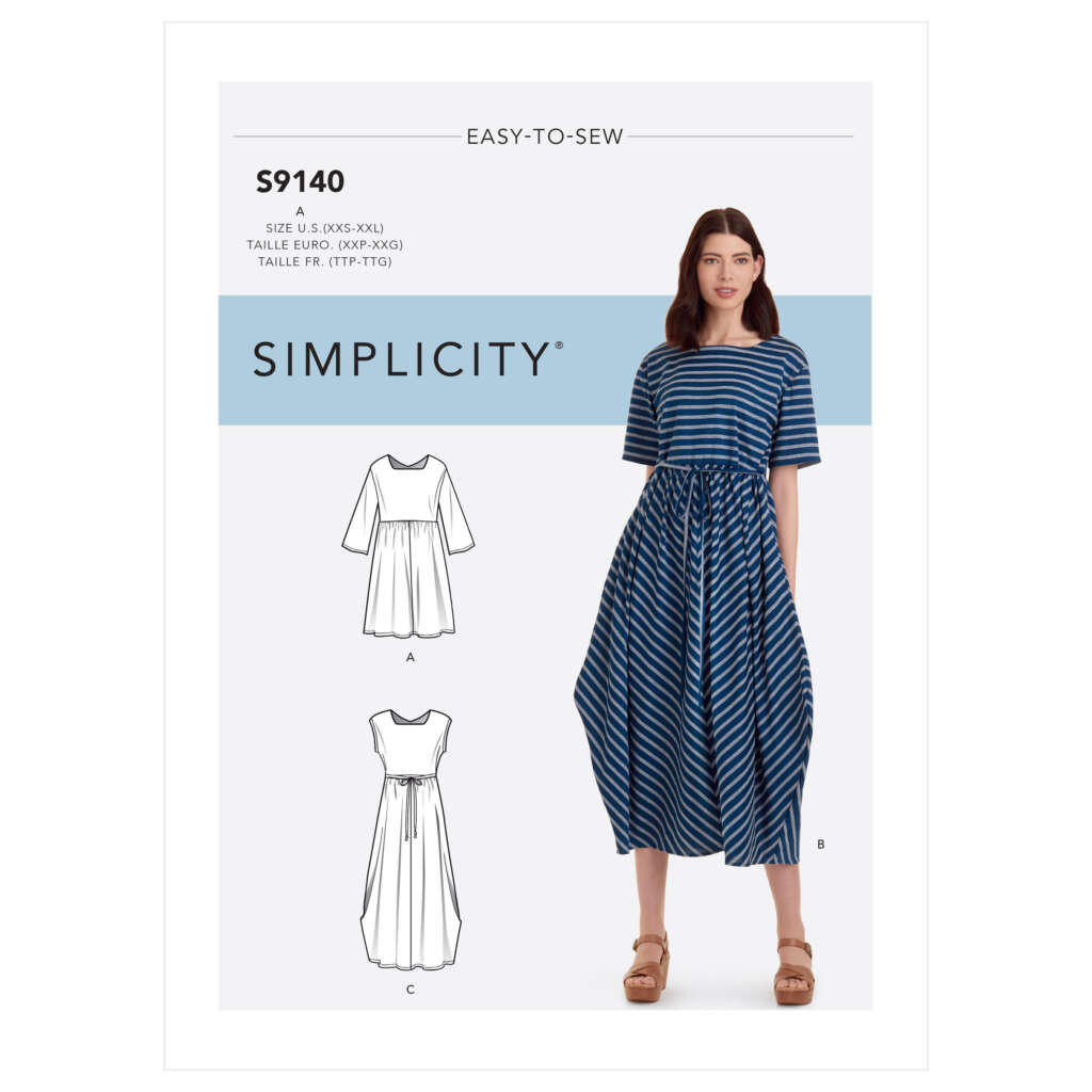 Package cover for Simplicity sewing pattern S9140, titled "Easy-to-Sew." It features a woman wearing a blue and white striped dress. Below her, there are three line drawings of dress variations labeled A, B, and C, showcasing different sleeve and length options.