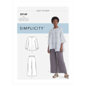 Simplicity sewing pattern S9149 for a loose-fitting top and wide-leg pants in sizes U5 (8-16). The pattern cover features a model wearing a plaid top and gray pants, along with sketches of the top and pants designs. Labelled "Easy-to-Sew.