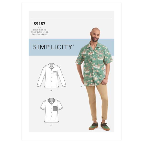 Sewing pattern package cover for Simplicity S9157. It features a man wearing a green patterned shirt with khaki pants on the right. The left side has line drawings of two shirts, one with long sleeves and one with short sleeves. Size range: US 34-52.